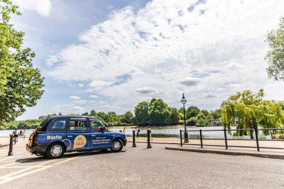 London black cab outside a Thistle hotel